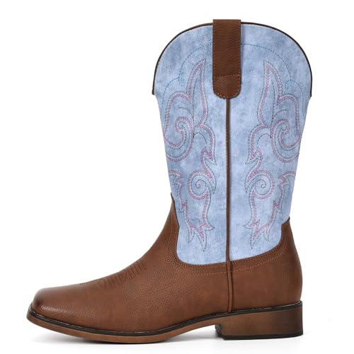 Image of IUV Cowboy Boots For Women Square Toe Cowgirl Wide Mid Calf Western Boots | Comfortable, Pull-on, Colorful Embroidered, Vintage-modern, Stylish for Daily Life and Outdoor Adventures.