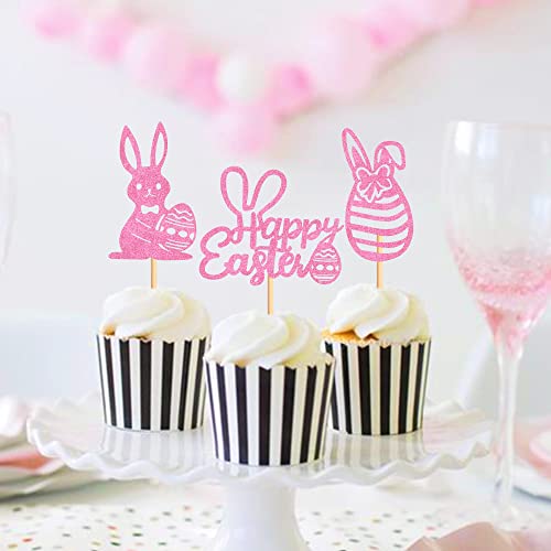 Cyodoos 24Pcs Happy Easter Cupcake Toppers Bunny Rabbit With Cute Eggs Cupcake Picks Cake Decoration For Easter Rabbit Theme Happy Birthday Spring Easter Party Decor Supplies-Pink Glitter #TOP6