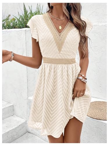 MakeMeChic Women's Contrast Lace Short Dress Ruffle Cap Sleeve V Neck Summer Boho A Line Dresses4