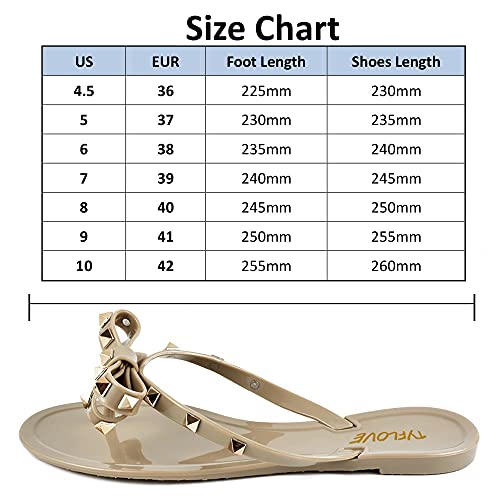 Tyflove Women Rivet Flip Flops Studded Jelly Thong Sandals With Bow Summer Bowtie Flat Beach Rain Shoes (Dark-Nude, 10) #TOP4