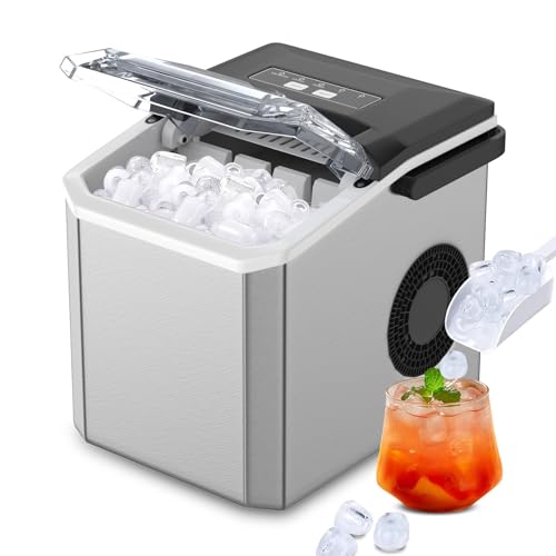 Máquina de hielo de acero inoxidable, máquina de hielo, función de limpieza automática, 1,3 l, depósito de agua, 2 tamaños de hielo, 12 kg en 24 horas, 9 cubitos de hielo en 6-8 minutos, para el hogar