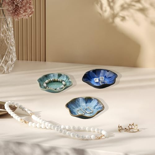 YoHyien 3 Pièces Ceramique Coupelle Bijoux, Décoratif Vide Poche Entree, Forme de Fleur Plateau Bijoux, Decorative Bowl Jewellery, Plateaux à Bijoux pour Bibelot, Bague (Lagon + Glacier + Étoilé) – vue 3