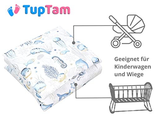 TupTam Unisex Baby Wiegenset 4-teilig Bettwäsche-Set: Bettdecke und Kopfkissen mit Bezug, Farbe: Meerestiere Blau, Größe: 80x80 cm