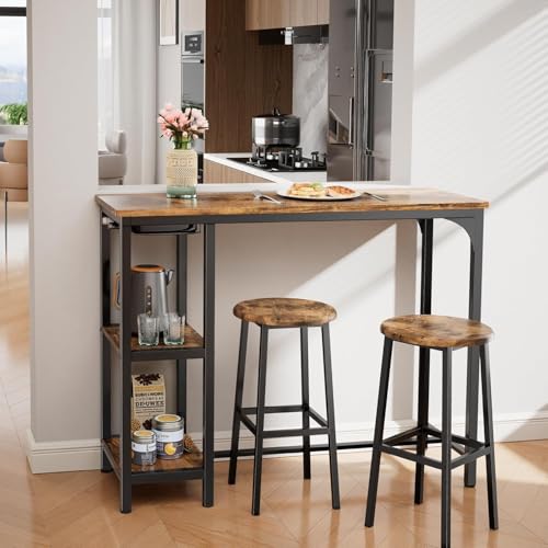 Bealife Juego de Mesa de Bar Alta con 2 Taburetes - Mesa Alta para Cocina o Salón con 2 Estantes y Portabotellas de Vino (Retro) - imagen 7