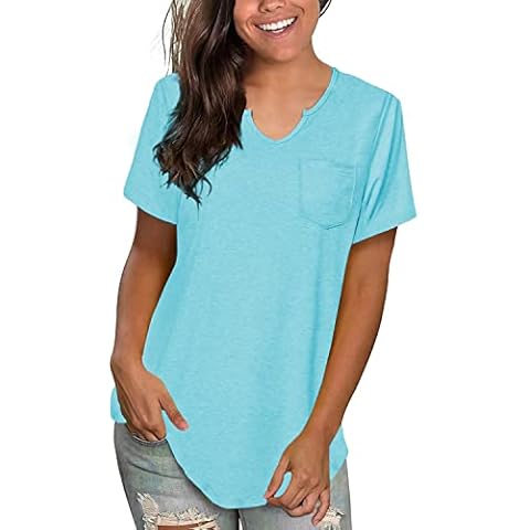 Xpenyo Ladies Summer T Shirts Short Sleeve Notch Neckline Pocket Tee Tops for Women Sky Blue XL Cover