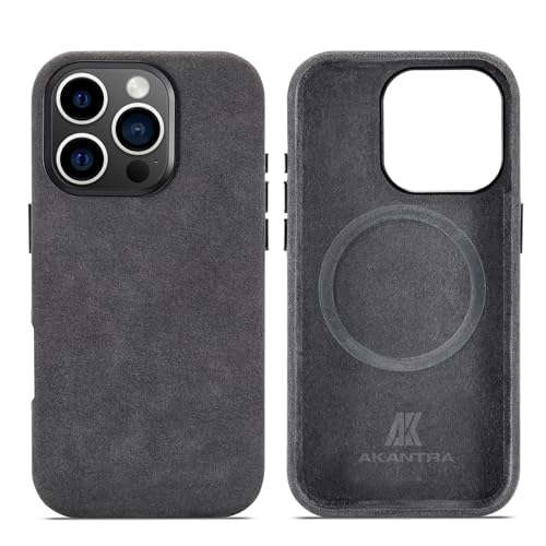 AKANTRA Custodia in Alcantara per Apple iPhone 16 Pro, Cover in Pelle Sintetica Avvolgente Completamente Realizzata a Mano, Compatibile con Ricarica Wireless Magsafe (Nero, per iPhone 16 Pro)