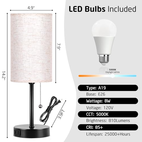 Kukobo Table Lamps Set of 2, Bedside Lamp for Bedroom Living Room, Small Table lamp for Nightstand, 5000K Pull Chain Desk Lamp with AC Outlet 2PK Black(2 Blubs Included).