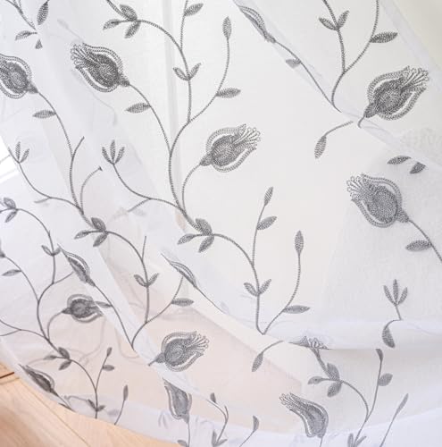 Image of White-Grey Sheer Curtains 84 Inches Long, Floral Embroidered Rod Pocket Sheer Drapes for Living room, Bedroom, 2 Panels, 52 inchx 84 inch, Semi Crinkle Voile Window Treatments for Yard, Patio, Villa, Parlor