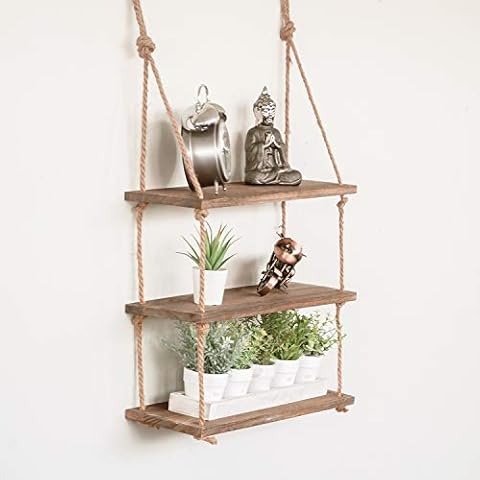 Homezone® 3 Tier Vintage Shabby Chic Shelving With Rope Shelf Rustic Floating Shelf Multiple Tiered Shelving Wall Hanging Storage Home Storage Organisation (3 Tier Vintage Rope Shelf) Cover