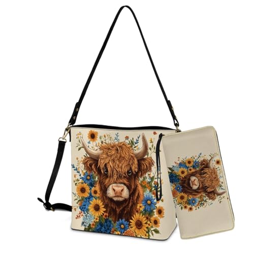 Image of Bucket Crossbody Bag Set for Women Lady, Leather Purse and Wallet Set Large Bucket Bag with Wallet