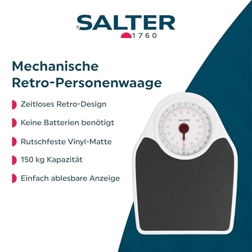 Salter 145 BKDR Mechanische Badzimmerwaage - 150kg Analog Doktor Waage, Leicht Lesbar Große Anzeige, Antirutsch Vinyl-Matte Plattform, Batterie-Frei, Genaues Wiegen - kg/st/lbs, Zeitlosen Retro-Design