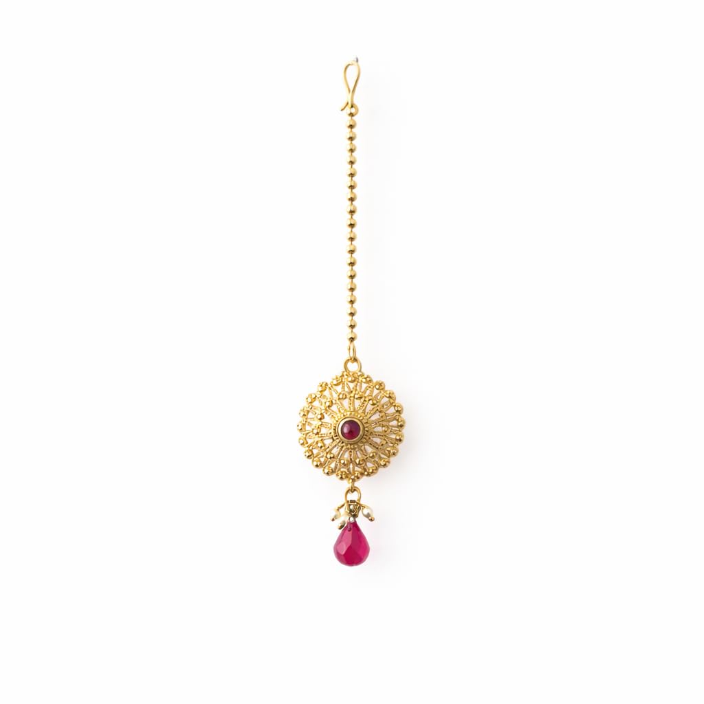 anuradha Art Jewellery ethnic golden finish floral design golden beaded with shimmering pink stone and pearl drop maang tikaa/wedding jewellery for women and girls.-picture-10