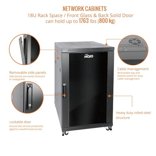 Image of Tecmojo Fully Assembled 18U Network Cabinet AV Rack Black Equipment Rack Enclosure with Casters /Locking Doors with Dual Fan, PDU and Cantilever Shelf Installed (31.5inch Deep Glass Door)