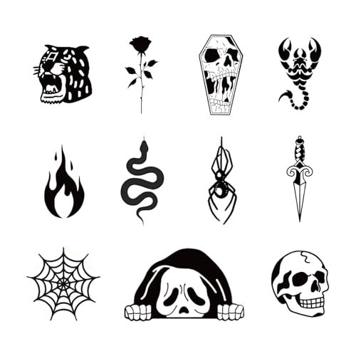 WEEKINK Dark Gothic Temporary Tattoos – 12 Creepy Spider, Skull,