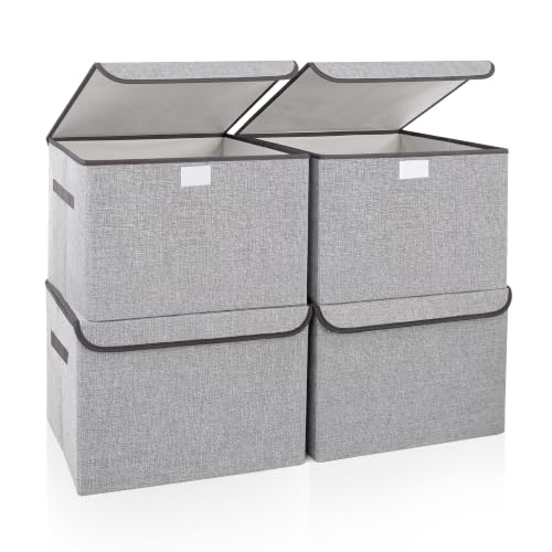Bagnizer Linen Fabric Foldable Storage Cube Bin Organizer Basket with Flip-Top Lid & Handles, Large Clothes Blanket Box for Home, Office, Closet, Light Gray, 4 Pack 14.6 x 9.5 x 9.5”