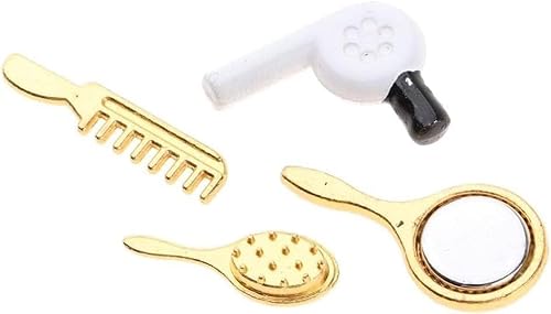 Muiltvoe Miniature Comb, 4Pcs Hair Dryer Mirror Makeup Set Dollhouse Decorations Hair Dryer Dollhouse Mirror Miniature Bathroom Accessory