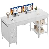 Sweetcrispy 55' Computer Desk with 6 Drawers, Home Office Gaming Desks with Storage Shelves for Bedroom, Writing Study Corner Living Room Work Table White