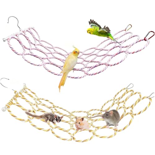 2 Pcs Bird Swing Climbing Rope Net Toys 14" x 24" Parakeet Hemp Rope Perch Swing Ladder Bridge Hanging Hammock Small Animal Activity Toy for Parrot Lovebirds Hamster Mice Rat Ferret (Random Color)