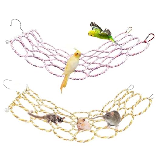 2 Pcs Bird Swing Climbing Rope Net Toys 14" x 24" Parakeet Hemp Rope Perch Swing Ladder Bridge Hanging Hammock Small Animal Activity Toy for Parrot Lovebirds Hamster Mice Rat Ferret (Random Color)
