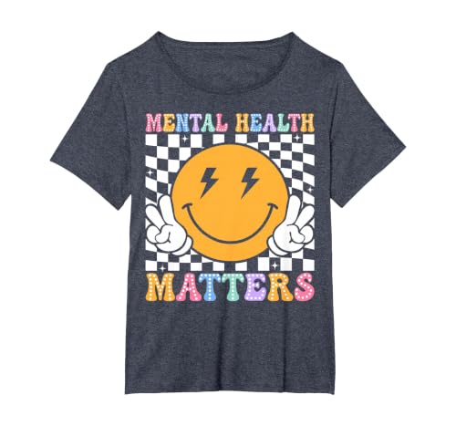 Retro Mental Health Matters Human Brain Illness Awareness T-Shirt, Women's Plus, Heather Blue, 1X