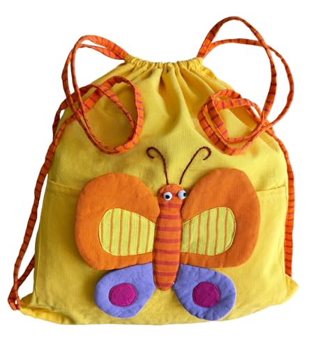 Image of Gym Bag Drawstring Backpack with Turquoise Butterfly, Appliques Decorative Designs, Handwoven Cotton Canvas (Butterfly, Yellow)