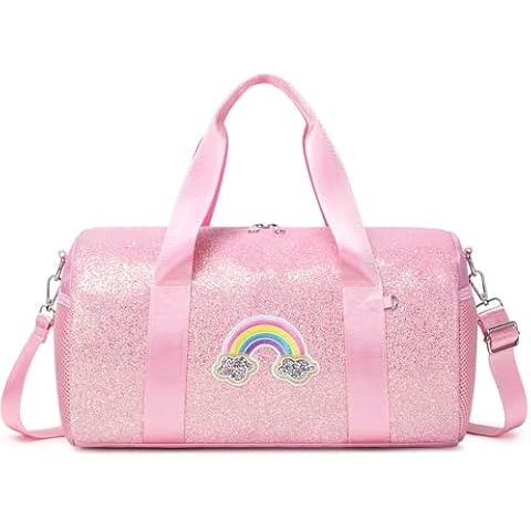 Dance Bag for Girls Ballet Bag Shiny Rainbow Glitter Sports Duffle Bag for Kids Girls Ballerina Duffle with Waterproof Dry Wet Separated Compartment Cover