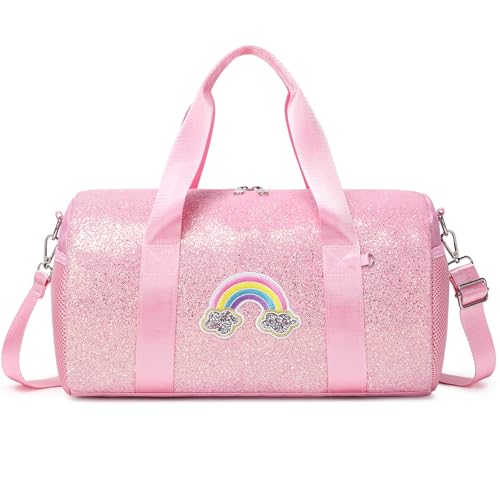 Dance Bag for Girls Ballet Bag Shiny Rainbow Glitter Sports Duffle Bag for Kids Girls Ballerina Duffle with Waterproof Dry Wet Separated Compartment