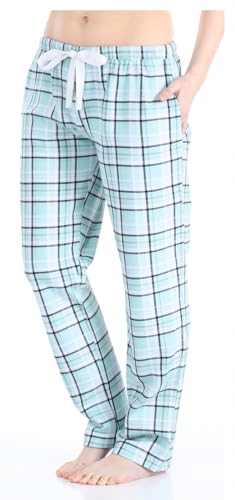 PajamaMania Women's Cotton Flannel Pajama PJ Pants with Pockets, Aqua Blue Plaid, Medium