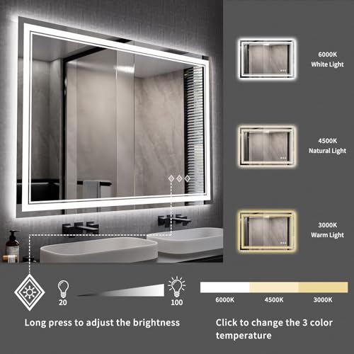 Image of Bathroom Mirror, 44x30 Inch Gradient Front and Backlit Smart Mirror, 3 Colors Dimmable CRI>90 Double Lights, IP54 Enhanced Anti-Fog, Hanging Plates Wall Mount LED Mirror