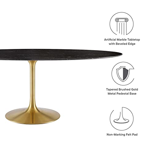 Image of Modway Lippa Oval 78 inch Mid-Century Modern Artificial Marble Dining Table in Gold Black