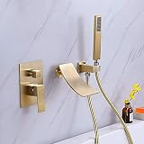 DEOLER Wall Mount Bathtub Faucet with Handheld Shower, Brushed Gold Tub Filler with Hand Shower Wide