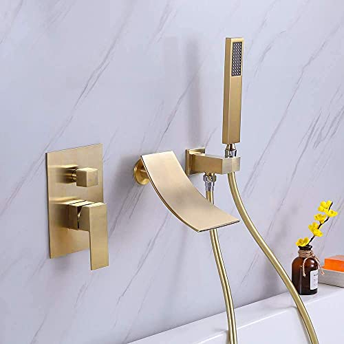 Deoler Wall Mount Bathtub Faucet With Handheld Shower, Brushed Gold Tub Filler With Hand Shower Widespread Waterfall Bathtub Faucet For Bathroom, Solid Brass Tub Faucet #TOP2