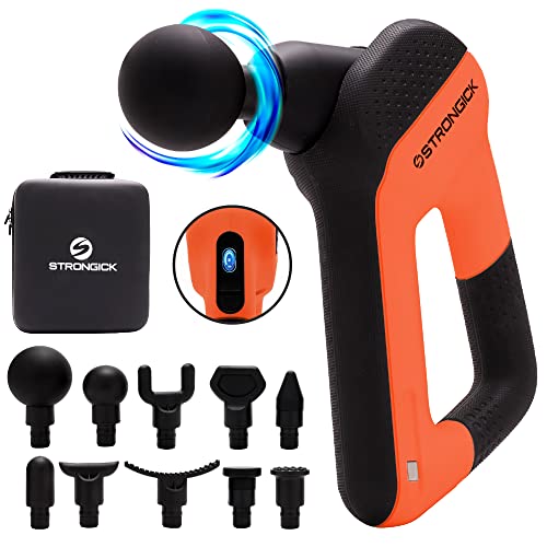 Deep Tissue Muscle Massage Gun – Muscle Massager Set with Pivoting Percussion Massage Gun, 10 Heads, Charge Station, & Case – Quiet, Hand-Held Massage Gun for Deep Tissue by STRONGICK, Orange, 16 Amps
