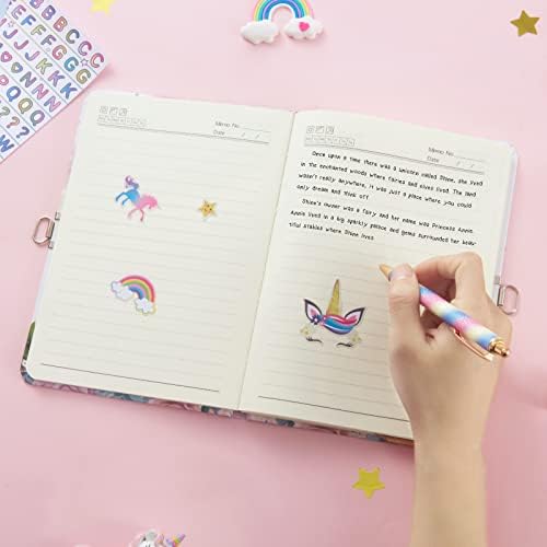 WERNNSAI Magic Unicorn Journal Set - Glitter Diary Gift for Girls Kids School Travel Private Notebook Hardcover A5 Memos Writing Drawing Notepad Ballpoint Pen Stickers with Lock and Keys