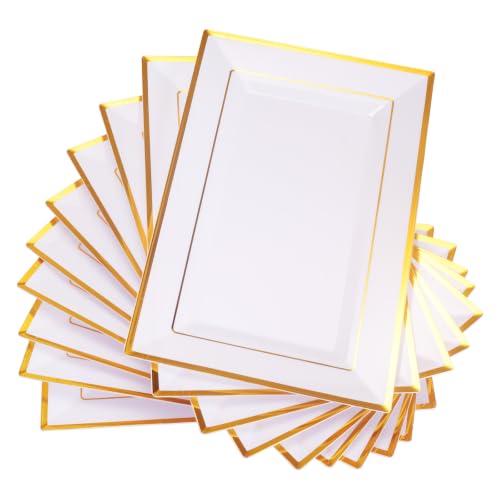 Image of 10 Pack Plastic Serving Platters, White with Elegant Gold Rim, Reusable BPA Free Food Serving Trays for Weddings, Birthday Parties, Buffet, Charcuterie, Cupcake & Dessert Display - 32x21x1cm