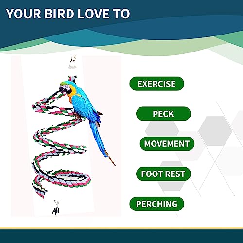 Image of 65inch Cotton Bendable Rope(Plus 1 Set 3 Steel Bells) Perch Swing Bird Chew Toys Amazon Parrots Cage Toys with Bell Swing Climbing Standing Bungee Bird Toys for Large to Regular Size Birds