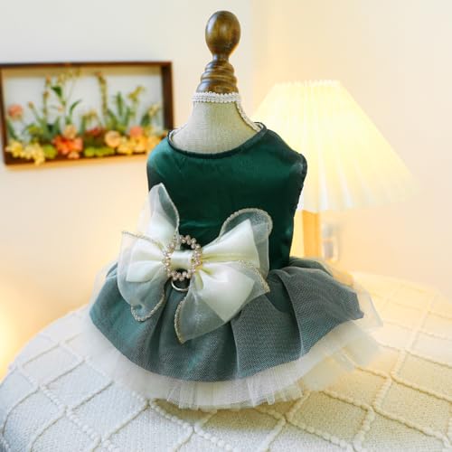 Image of HDKUW Small Dog Dress, Girl Puppy Lace Princess Skirt Tutu Dress with Bowknot,Chihuahua Yorkie Clothes Outfit for Birthday Wedding Party Green L