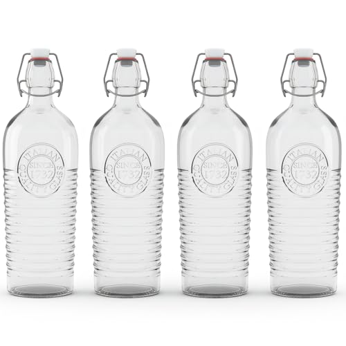 Nicunom 4 Pack Flip Top Glass Bottle, 40 Oz. / 1.2 Liter Clear Glass Pitcher Airtight Seal Swing Top Brewing Bottle for Beverages, Oils, Kombucha, Beer, Kiefer, Water, Soda