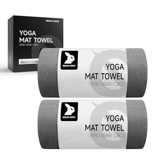 RollingBunny Yoga Mat Towel - Non-Slip Microfiber for Hot Yoga & Pilates | Super Absorbent, Lightweight & Machine Washable 72\"x25\" (2 Pack Gray)