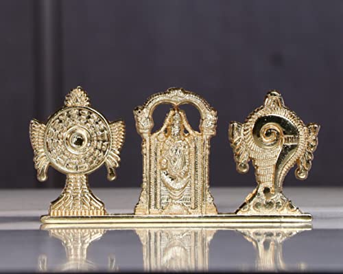 Image of KridayKraft Tirupati Balaji Symbol Stand Shankh Chakra with Balaji Statue Gold Plating Antique Decorative for Car Dashboard Home & Office Table Showpiece Figurines,Religious Gift Idol, 5 x 1 Cm