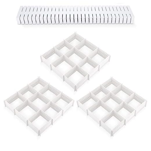 28 Piezas Separadores de Cajones DIY Organizador Cajones Plástico Separador de Armario Divisores Cajones de Rejilla Ajustables para Ropa Interior Calcetines Cinturón Suministros de Oficina, Blanco