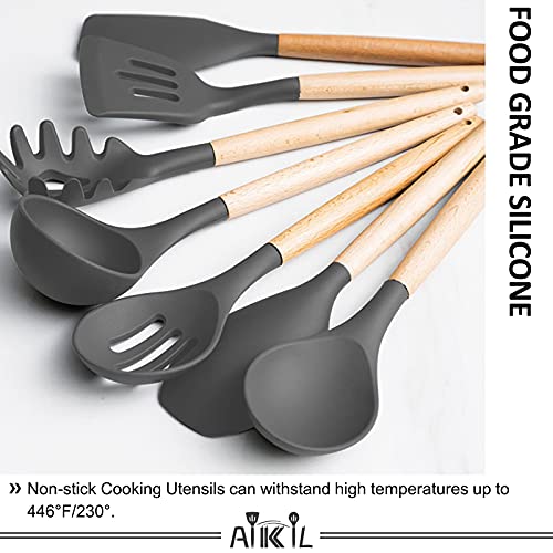 39pcs Silicone Cooking Utensils Kitchen Utensil, AIKKIL Non-stick Kitchen Cooking Utensil Spatula Set with Holder, Heat Resistant Wooden Handle Kitchen Gadgets Tool Set for Nonstick Cookware(Grey)