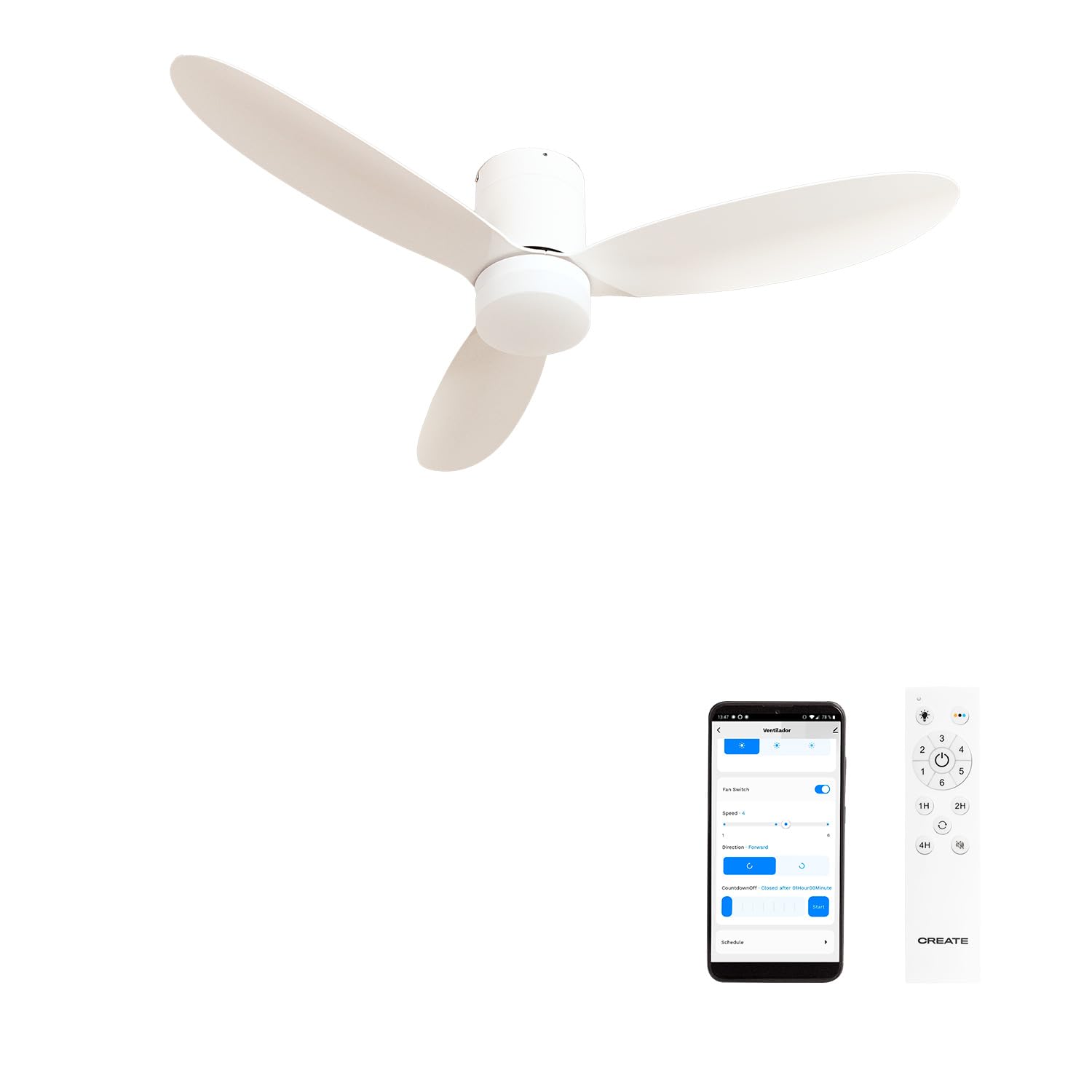 CREATE / WIND LITE/Ventilador de techo con luz blanco con Wifi y mando / 40W, Silencioso, Ø132 cm, 6 velocidades, programable, función verano-invierno, luz led 3 temperaturas