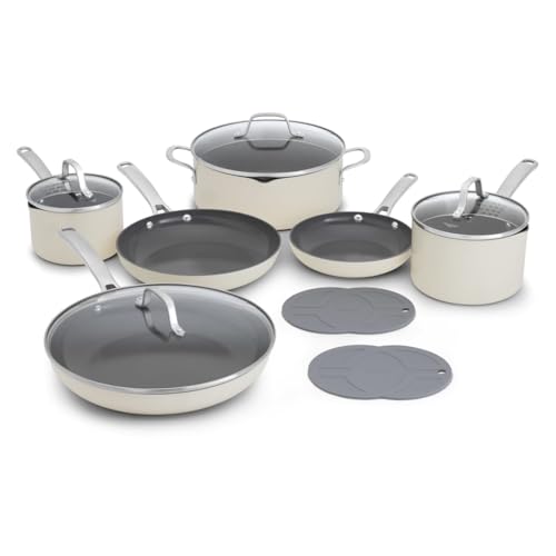 Calphalon Ceramic Nonstick 12 Piece Cookware Set, Easy Cleanup Pots and Pans for Everyday Cooking, PFAS-Free Kitchen Set, Dishwasher Safe, Oven Safe, Flour  