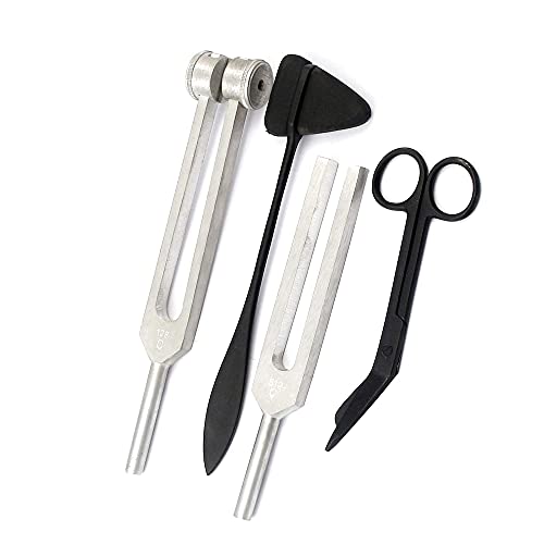 OdontoMed2011 Tactical Black - Set of 4 pcs Reflex Taylor Hammer Mallet Tuning Fork c 128 512 Hz Bandage Scissors 5.5\" Medical Reflex Hammers