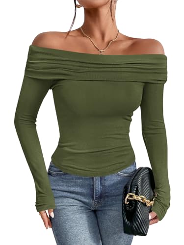 Imily Bela Women's Off The Shoulder Long Sleeve Blouse Shirts Tops Slim Fitted Sexy Going Out Nightout Club Party Y2K Army Green