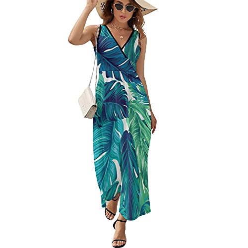 Yiaoflying Women s Beach Maxi Dress - Tropical Palm Leaves Hawaii Jungle V Neck Sleeveless Casual Dress, Medium