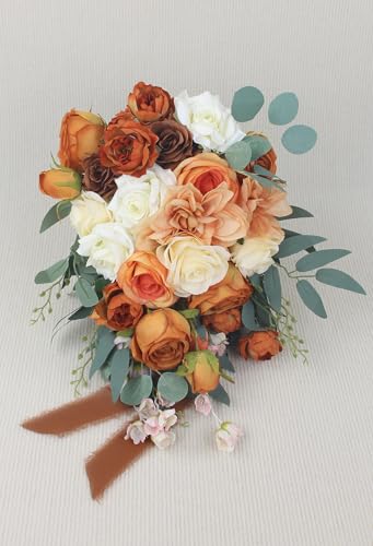 Rinlong 30 cm großer Blumenstrauß in Rusitc Burnt Orange Cascade Bouquet Herbst Hochzeit Blumensträuße für Braut kaskadierende Hochzeit Blumenstrauß aus Blumen Tropfenform Brautstrauß Hochzeit