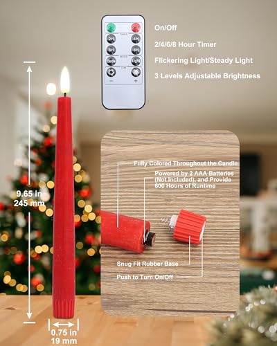 Image of Stmarry Red Real Wax LED Flameless Taper Candles with Remote and Timer, 9.65 Inch Flameless Candlesticks, Dripless Battery Operated Candles with 3D Flickering Flame - Set of 6