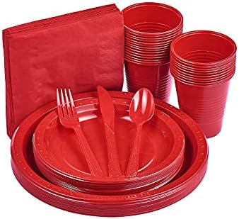 175 PCS Red Plastic Dinnerware Set Includes 50 Red Plastic Plates, 25 Red Plastic Cups, 25 Red Napkins, 25 Red Plastic Cutlery Spoons Forks & Knives, Disposable Dinnerware Set, Red Party Supplies Set